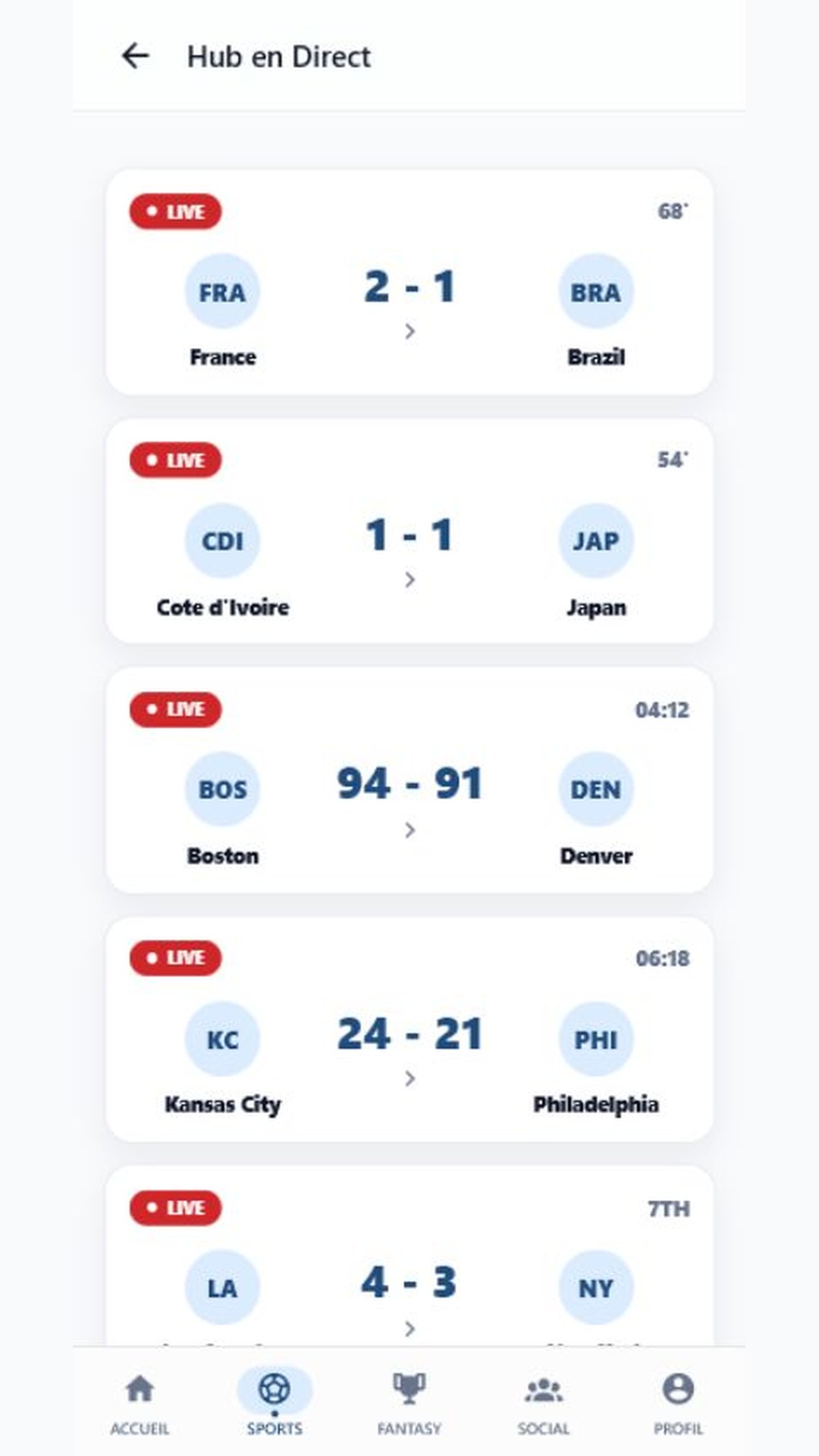 Hub de match en direct